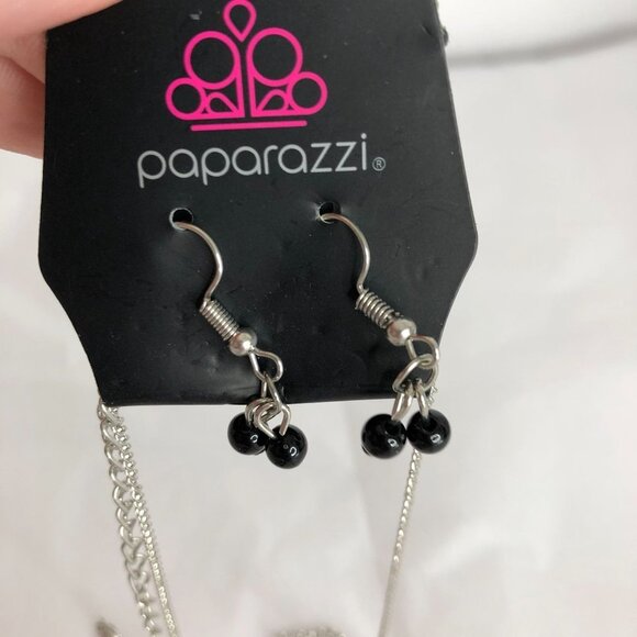 Tassel Takeover Silver Rhinestone Black Beaded 32" Long Necklace With Earrings - Picture 3 of 4